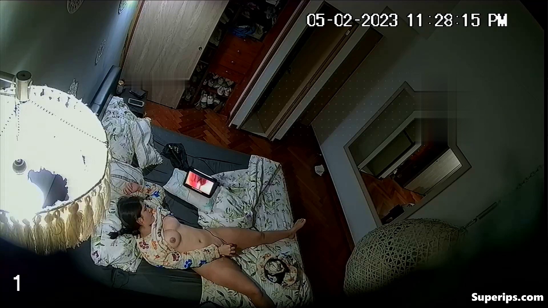 IPCAM – Teen brunette girl masturbates while watching porn