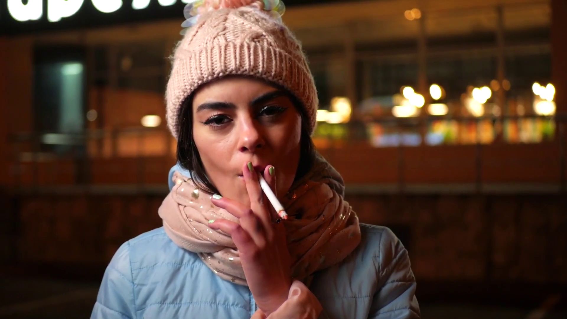 Lovely Russian Girl Karina Smokes a Cigarette in The Cold Outside