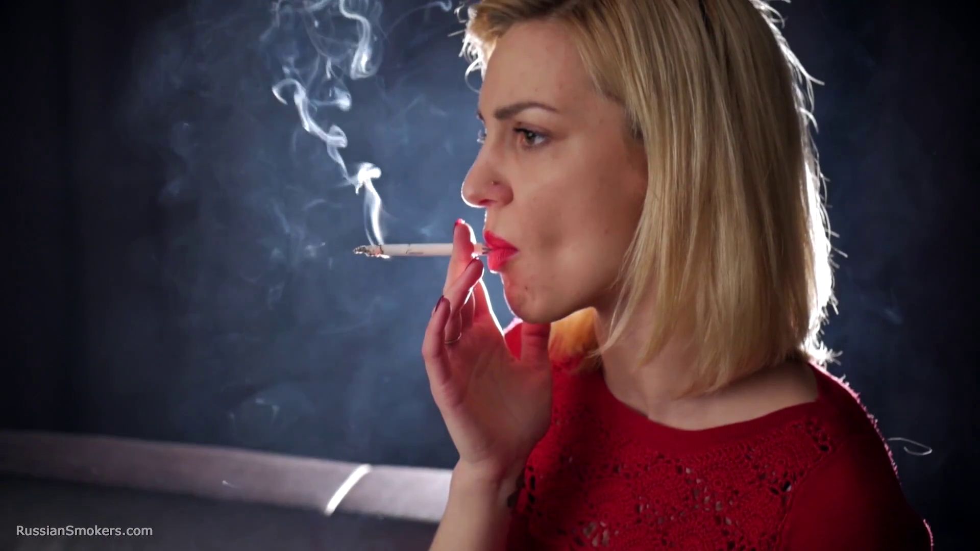 Many nose exhales with cork cigarette RussianSmokers
