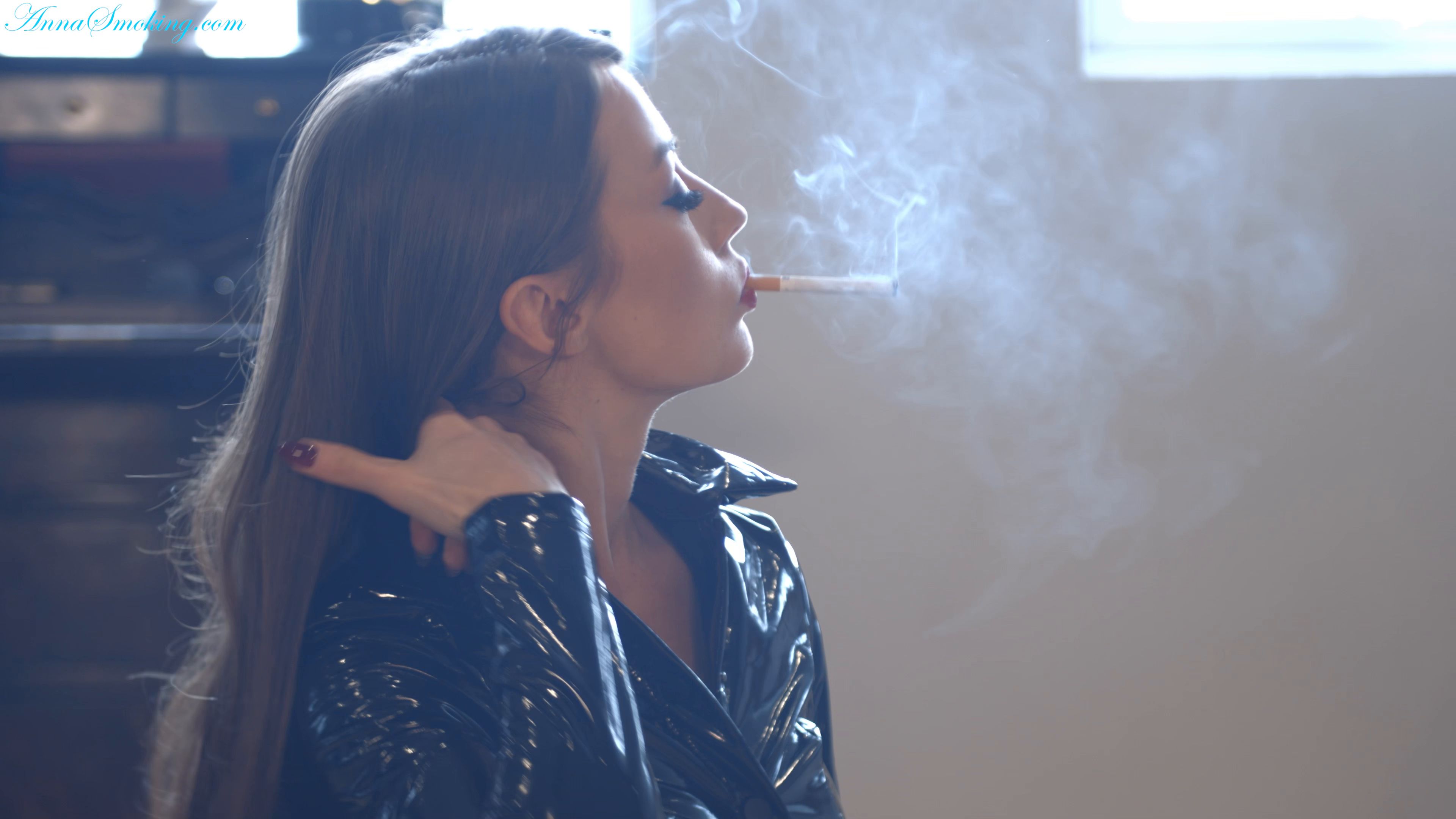 Chain smoking corks in PVC outfit Anna Smoking